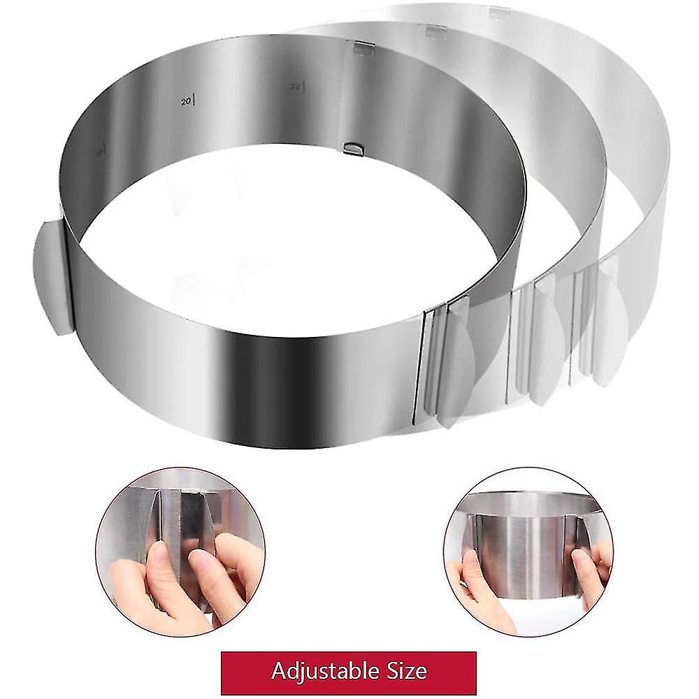 A set of adjustable round cake rings made of shiny stainless steel, displayed at various sizes. The image includes two close-ups: one showing hands adjusting the ring, and another demonstrating how to use it. A red label at the bottom reads "Adjustable Size."