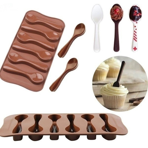 An image featuring a silicone spoon mold designed for creating chocolate spoons, shown in a brown color. The mold is accompanied by several finished spoons, including white, brown, and decorated versions. Inset is a photo of a cupcake with a chocolate spoon inserted into frosting.