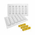 A set of white silicone molds featuring six rows of concave ball shapes, shown in various configurations. The image also includes examples of yellow treats created using the mold, illustrating its use for desserts or pastries.