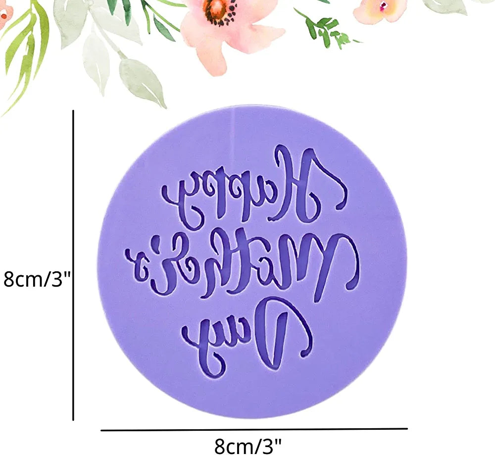 The image features a circular purple fondant embosser cookie stamp with the engraved text "Happy Mother&