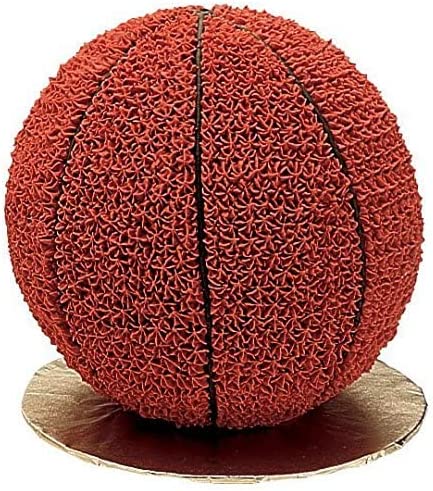 A realistic cake designed to resemble a basketball, featuring a textured surface made of red icing with black detailing to mimic the appearance of a basketball&