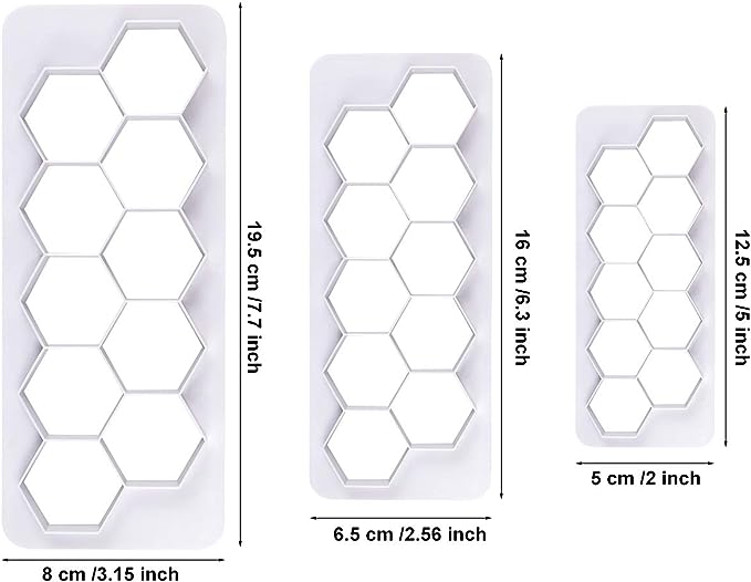 A product image displaying a set of three hexagon cookie cutters of varying sizes, each shown in a vertical layout. The largest cutter measures 19.5 cm (7.7 inches) by 8 cm (3.15 inches), the medium cutter is 16 cm (6.3 inches) by 6.5 cm (2.56 inches), and the smallest cutter is 12.5 cm (5 inches) by 5 cm (2 inches). Each cutter features a series of hexagonal shapes, outlined in white against a transparent background.