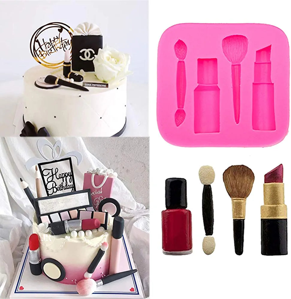The image showcases a pink silicone mold designed for creating makeup-themed decorations. On the left, there is a birthday cake decorated with makeup items, including a black and white Chanel-inspired design, lipstick, brushes, and a "Happy Birthday" sign. On the right, the silicone mold features impressions of various makeup items: a lipstick tube, a small bottle, a makeup brush, and applicators. Below the mold, there are small decorative replicas of a nail polish bottle, makeup brushes, and lipstick.