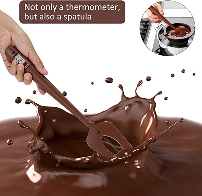 An image features a digital spatula candy thermometer being used in a pool of melted chocolate, with chocolate splashing around. The thermometer displays a temperature reading. In the corner, a smaller circular image shows a hand using the thermometer/spatula in a pot on a stove. Text above states, "Not only a thermometer, but also a spatula."