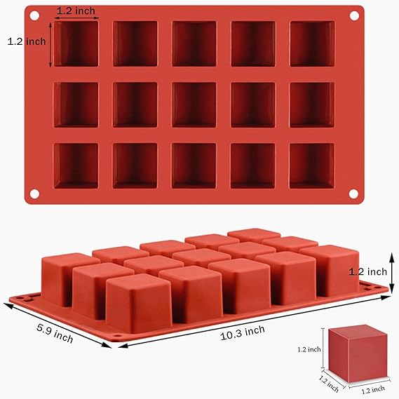 A silicone mould for making square cubes, featuring 15 cavities each measuring 1.2 inches. The mould is rectangular, with dimensions indicated as 5.9 inches by 10.3 inches, and is shown from two angles: the top view with the cavities and a side view displaying the filled cubes.