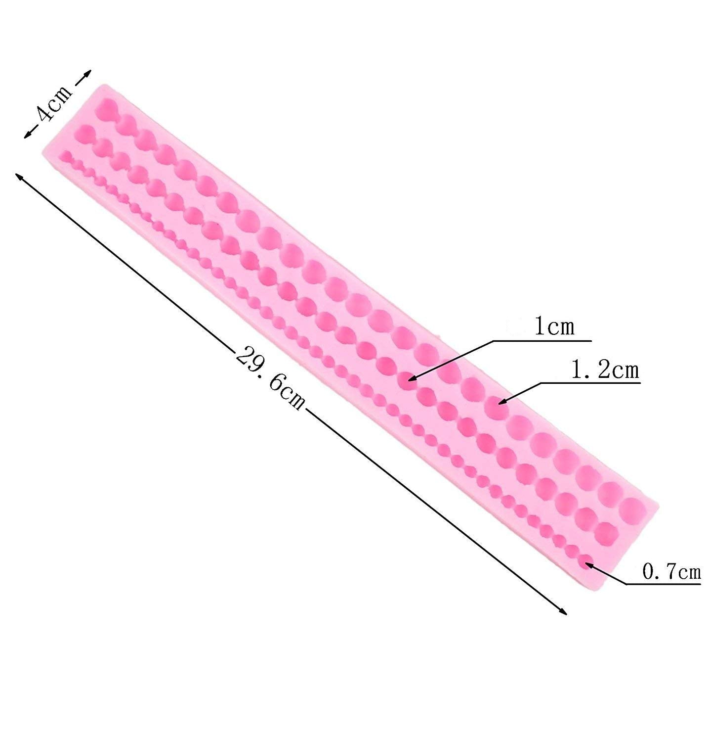 The image features a flexible pink silicone mold designed for creating pearl shapes. It measures approximately 29.6 cm in length and 4 cm in width. The mold consists of several rows of round cavities in different sizes, with marked dimensions of 0.7 cm, 1 cm, and 1.2 cm for some of the cavities. The design allows for the production of multiple pearl-like shapes at once.