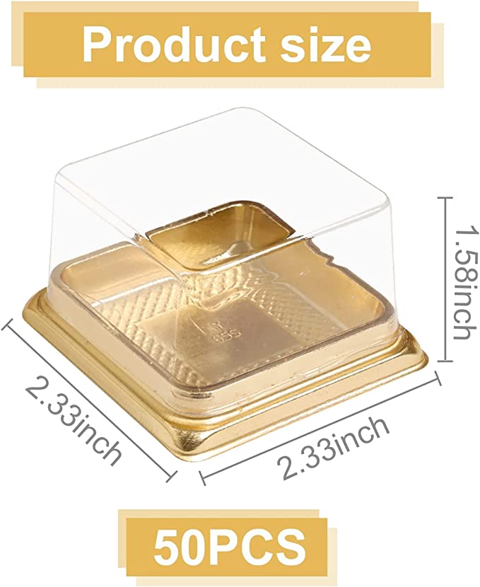 A mini mooncake box shown from an angled view. The box has a clear plastic top and a gold-colored base, measuring 2.33 inches on each side and 1.58 inches in height. There is text indicating the product size and that it contains 50 pieces.