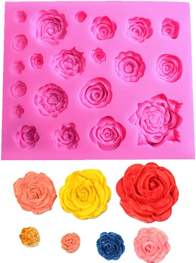 A pink silicone mould featuring various sizes of rose-shaped cavities is displayed at the top of the image. Below the mould, there are several colorful rose-shaped creations made from modeling material in shades of red, pink, orange, yellow, and blue, showcasing the different sizes and designs that can be made using the mould.
