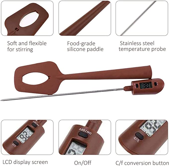 An image of a digital spatula candy thermometer, featuring a soft, flexible brown silicone paddle and a stainless steel temperature probe. The thermometer has an LCD display screen, an on/off button, and a Celsius/Fahrenheit conversion button, suitable for candy making.