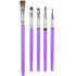 A set of five decorating brushes, each with a purple handle and silver ferrule. The brushes vary in shape, featuring a flat brush, a rounded brush, a slanted brush, and two thinner detail brushes, arranged from left to right.