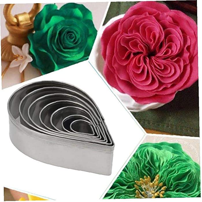 A rose petal cookie cutter set featuring ten stainless steel cutters arranged in a teardrop shape. The image includes colorful synthetic flower examples, with a large pink flower and a green flower in the background, showcasing how the cookie cutters can be used to create petal shapes for baking or crafting.