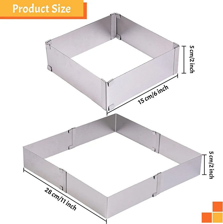 "Image showing an adjustable square cake ring, consisting of two square cake molds. The top mold measures 15 cm (6 inches) and the bottom mold measures 28 cm (11 inches), both with a height of 5 cm (2 inches). The molds are made of shiny metal and feature connecting tabs at the corners for adjustability."