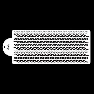 The image shows a cake stencil designed for decorative purposes. It features a series of parallel, intertwined rope-like patterns, oriented horizontally across the stencil. The stencil is predominantly white with a small circular tab at one end that includes the number "44." The background is black, enhancing the visibility of the stencil design.