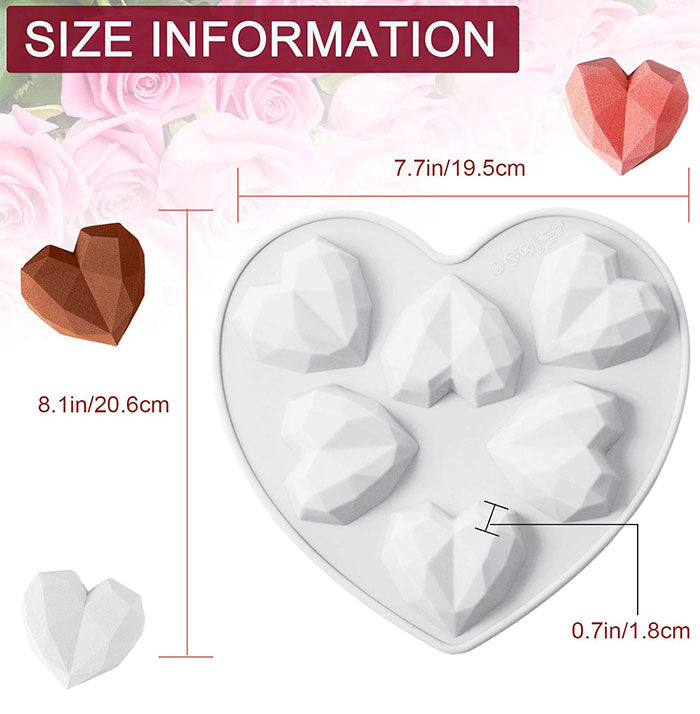 An image of a heart-shaped silicone mold designed for making chocolate or candy in the shape of diamond hearts. The mold features eight cavities, each shaped like a diamond heart. The dimensions of the mold are shown, with the overall size measuring approximately 7.7 inches (19.5 cm) wide and 8.1 inches (20.6 cm) long, and individual heart pieces being about 0.7 inches (1.8 cm) thick. The background includes soft pink roses.
