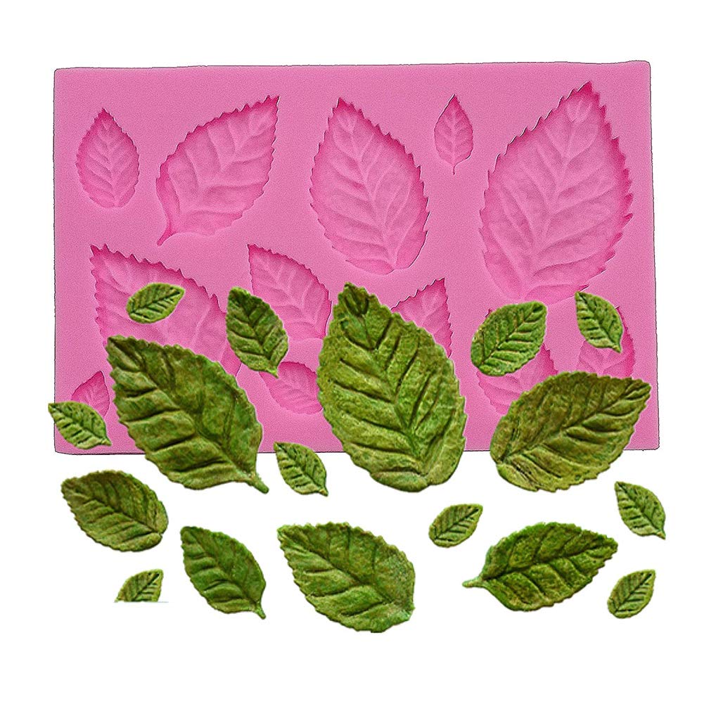 A pink silicone mould featuring several leaf shapes, including large and small rose leaves, is displayed at the top. Below the mould are various green leaf-shaped decorations that appear to have been made using the mould, showcasing different sizes and orientations of rose leaves.