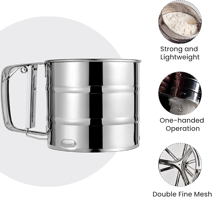 A stainless steel flour sifter with a handle is displayed against a light gray background. The sifter features a streamlined cylindrical design with visible seams. Accompanying icons highlight its features: a bowl of flour for "Strong and Lightweight," a hand using the sifter for "One-handed Operation," and a detailed mesh screen for "Double Fine Mesh."