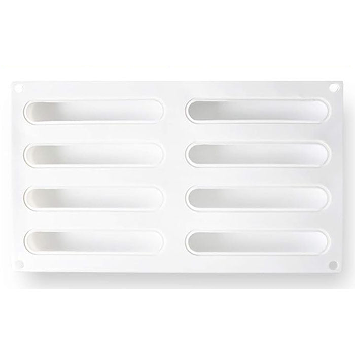 A white silicone mould with eight elongated cavities arranged in two rows. Each cavity has a smooth interior, designed for shaping eclairs or similar pastries. The mould has rounded corners and holes for easy handling.