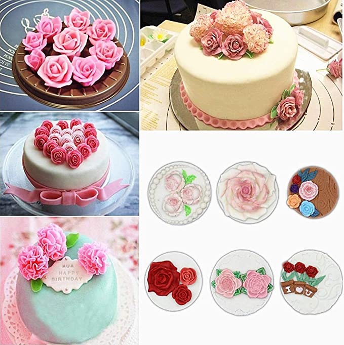 A collage of various decorated cakes featuring miniature roses made from fondant or icing. The images include a round cake topped with pink and white roses, a cake with a heart-shaped arrangement of red roses, and a pastel green cake with a decorative inscription and several small pink roses. Below, there are circular images of rose designs created using a silicone mold, showcasing different styles and colors of roses against a white background.
