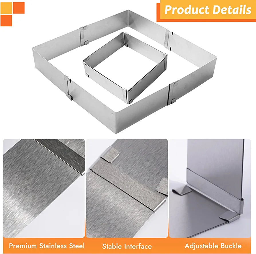 "An adjustable square cake ring set, consisting of two stainless steel square molds. The larger mold surrounds a smaller one, both featuring adjustable buckles and stable interfaces. Three close-up images highlight the premium stainless steel material, showing different parts of the adjustable mechanism."