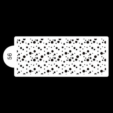 The image shows a cake stencil with a rectangular shape and rounded corners. The stencil features a pattern of variously sized black dots scattered across a white background. There is a small tab on the left side of the stencil, labeled with the number "56." The overall design is intended for decorating cakes.