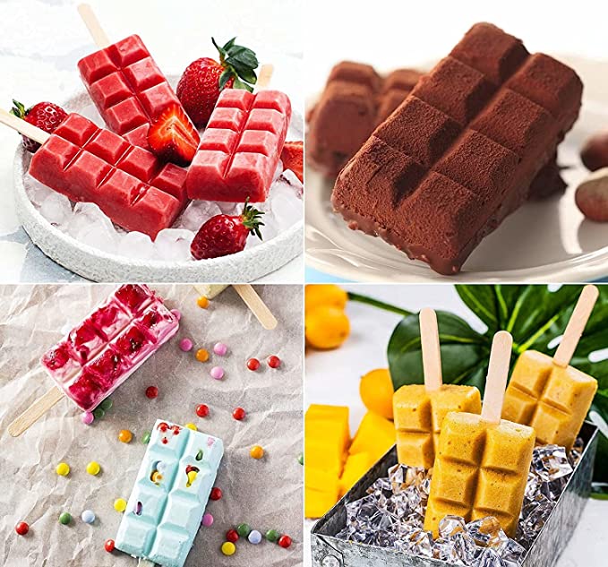 A collage of four square-shaped cakesicle molds filled with various flavors. The top left shows red strawberry cakesicles on ice, garnished with strawberries. The top right features chocolate cakesicles on a plate. The bottom left presents a light blue cakesicle with colorful sprinkles, surrounded by small candies. The bottom right displays yellow mango cakesicles in a metal container filled with ice, with mango pieces nearby. All cakesicles are on wooden sticks and showcase a square design.