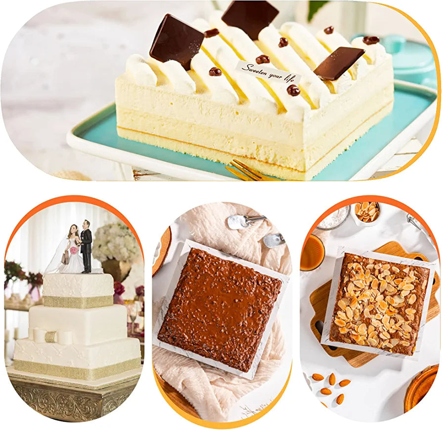 A collage featuring three images of cakes. The top image shows a rectangular yellow cake with whipped cream, chocolate decorations, and the text "Sweeten your life." The left bottom image displays a tiered wedding cake with a couple figure on top. The right bottom image features two square cakes: one with a glossy chocolate topping and the other with sliced almonds on top, presented on a wooden board with a few scattered almonds around.