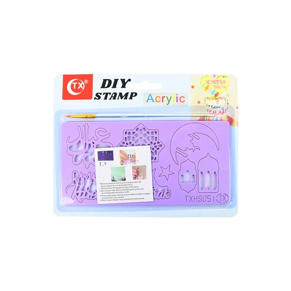 A plastic packaging containing a set of purple acrylic stamps designed for DIY projects. The stamps feature various shapes and designs, including decorative motifs, stars, a crescent moon, and lanterns, along with stylized text. The packaging includes a small instructional card showing examples of how the stamps can be used. The brand logo and product name "DIY STAMP" are prominently displayed on the top.
