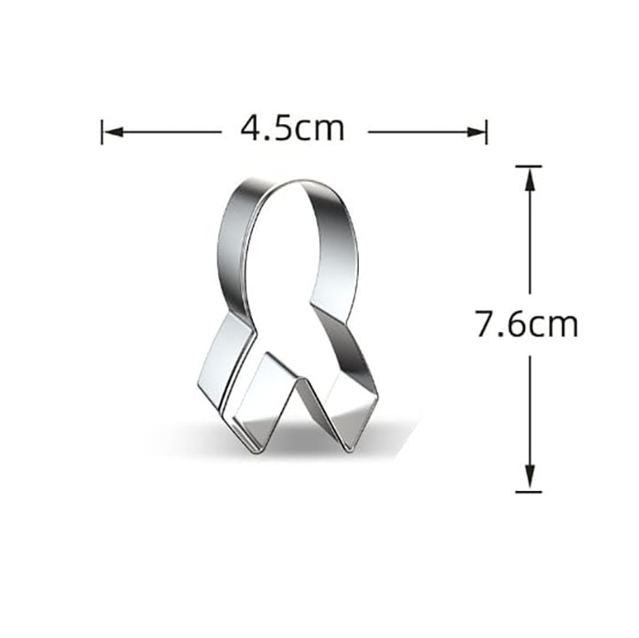 A metal cookie cutter in the shape of an awareness ribbon. The dimensions are 4.5 cm in width and 7.6 cm in height. The cookie cutter has a shiny finish and is designed for cutting dough into ribbon-shaped cookies.