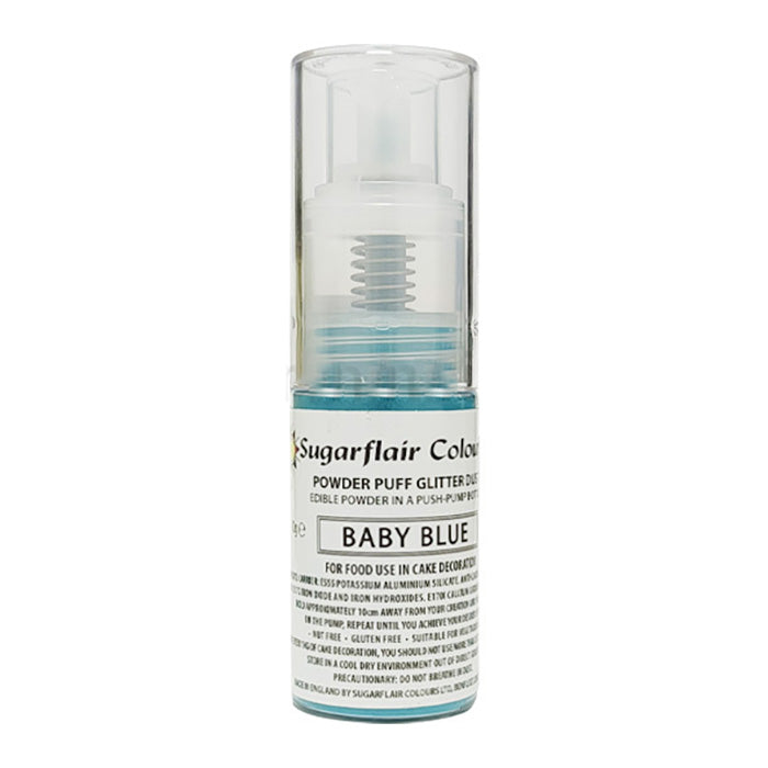 An image of a 10g bottle of Sugarflair edible glitter dust spray in baby blue. The packaging features a clear container with a pump top, allowing for easy dispensing of the glitter dust. The label on the container indicates it is a "Powder Puff Glitter Dust" specifically for food use, with the text "BABY BLUE" prominently displayed. Additional information about the product, such as ingredients and usage instructions, is printed on the lower part of the label.