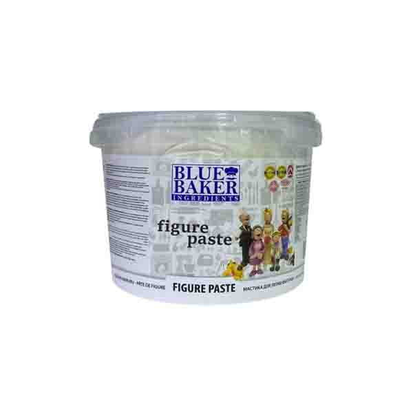 The image features a clear plastic container of "Blue Baker Figure Paste" weighing 1 kg. The container has a white label with blue text that includes the product name "FIGURE PASTE" prominently displayed. The label also contains illustrations of cartoon characters and various baking-related icons in a light background. Instructions and additional product information are printed on the side of the container.