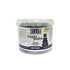 A clear plastic tub containing navy blue sugar paste labeled "Blue Baker Ingredients" is shown. The tub has a white lid and features the product name "sugar paste" prominently on the front. Additional details include the word "NAVY BLUE" at the bottom. The background displays decorative graphics associated with baking and cake decorating. The container is 1 kg in size.
