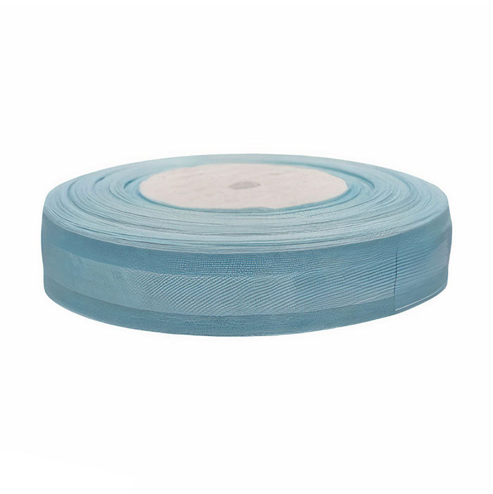A roll of light blue ribbon measuring 50 yards, presented on a white spool. The ribbon has a smooth texture and is coiled neatly in a circular shape, with the end of the ribbon visible along the edge of the roll. The background is white.