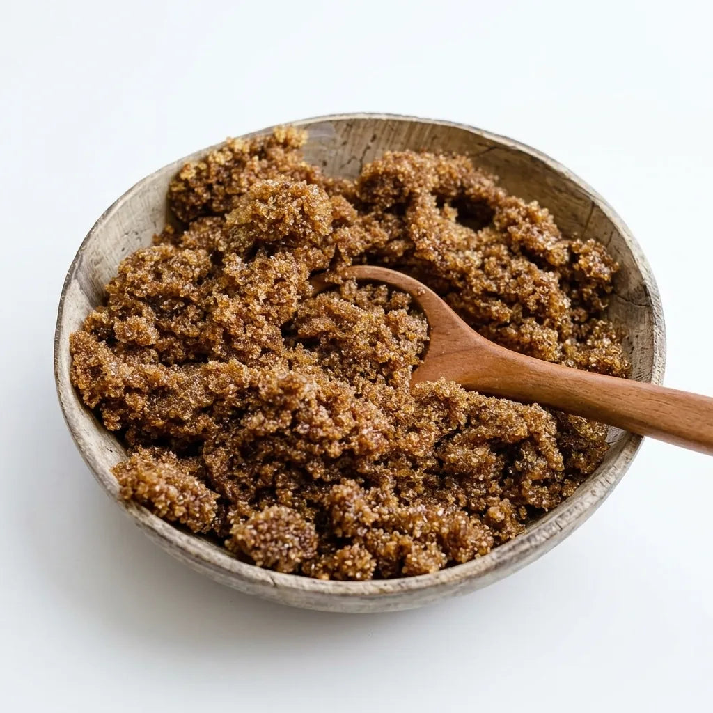 Brown sugar in a rustic wooden bowl with a wooden spoon, photographed on a clean white background.