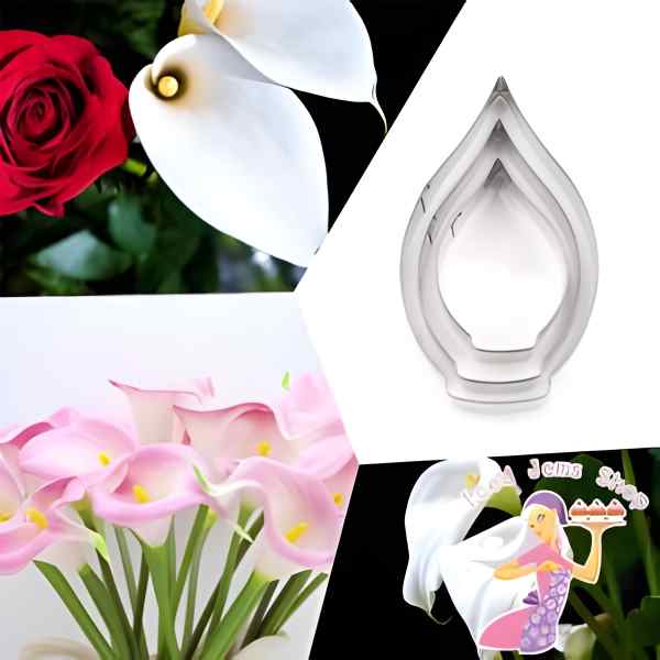 A collage displaying a calla lily petal cutter set of three. The center features a clear plastic petal cutter shaped like a calla lily petal. Surrounding it are images of real calla lilies, including white and pink varieties, alongside a red rose. The background includes a decorative image of a woman with cakes, suggesting a baking or crafting theme.