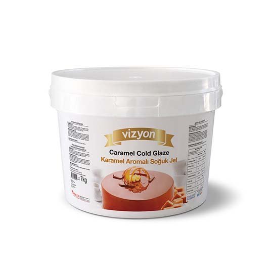 A white plastic bucket labeled "Vizyon Caramel Cold Glaze" with text in both English and another language. The product is described as a caramel-flavored cold gel. The bucket has a lid and displays an image of a caramel-glazed dessert on the front, with caramel pieces beside it. The label also includes nutritional information and other details on the side.