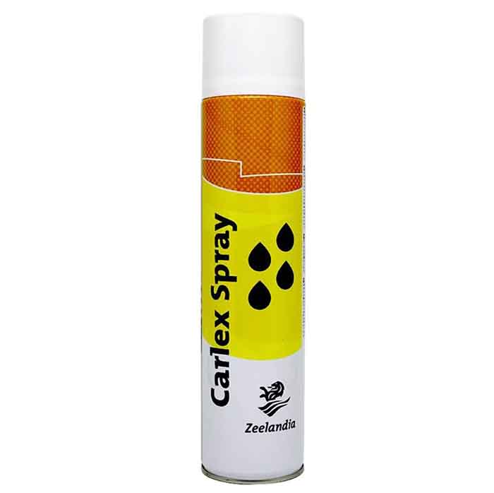 The image features a cylindrical spray can labeled "Carlex Spray" in bold black text on a yellow background. Above the text, there are three black droplet icons. The top portion of the can is orange with a textured pattern. The lower part is white and includes the logo for "Zeelandia." The overall design is bright and colorful, suggesting a baking product.
