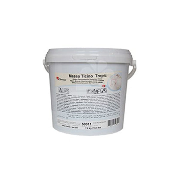 A white, round plastic container with a lid labeled "Massa Ticino Tropic," containing 7 kg of product. The label features product information, instructions, and a barcode on the back. The container has two handles on the sides for easy carrying.