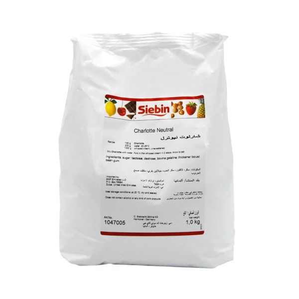 The image shows a white plastic bag containing a product labeled "Charlotte Neutral" from the brand "Siebin." The bag features colorful fruit graphics and includes text in both English and Arabic. It lists ingredients such as sugar, lactose, dextrose, bovine gelatin, and locust bean gum. The net weight of the product is 1.0 kg, and there is additional information regarding usage and storage.