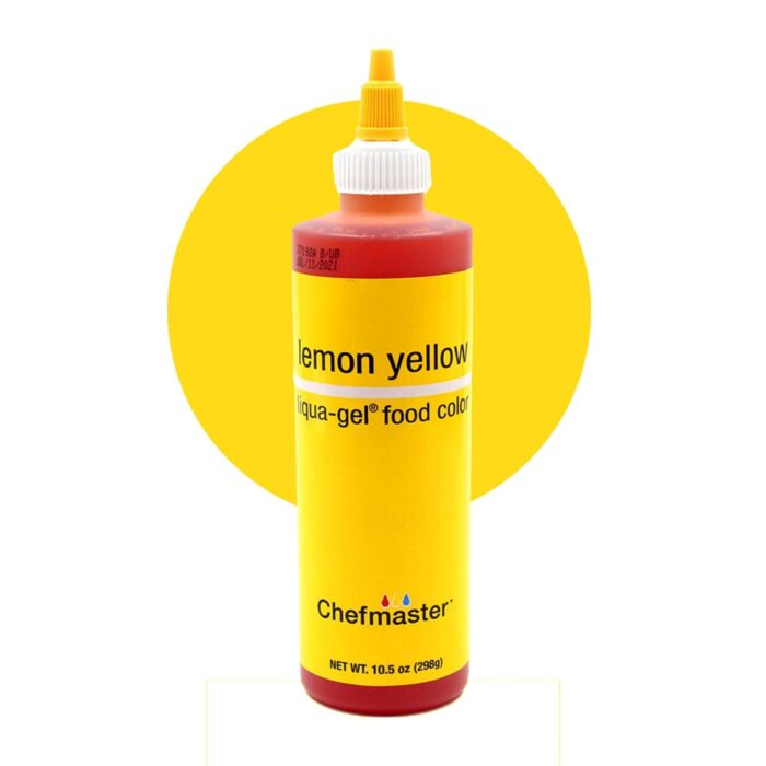 A bottle of lemon yellow food color, labeled "lemon yellow" and "Chefmaster", with a white nozzle cap. The bottle has a bright yellow body and a red top. It is set against a circular yellow background. The bottle contains 298 grams (10.5 ounces) of liqua-gel food color.