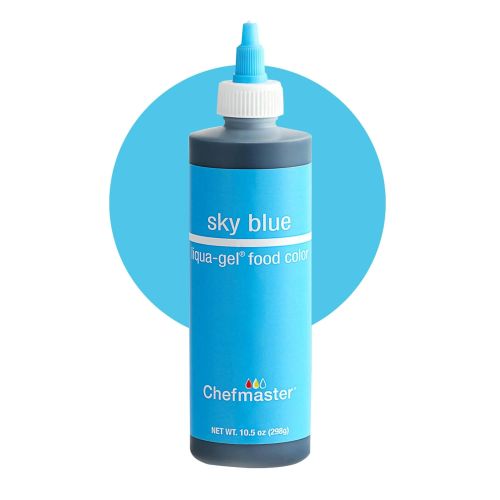 A bottle of Chefmaster Liqua-Gel food color in sky blue, 10.5 oz (298 g). The bottle is predominantly a bright blue color, featuring a white label with the text "sky blue" and "Liqua-Gel food color." It has a pointed squeeze top for easy application. The background is a solid light blue circle.