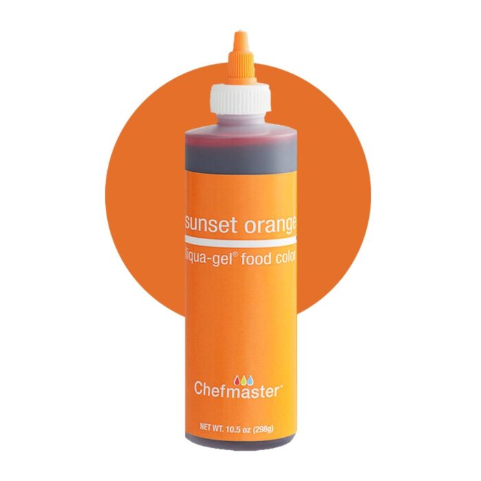 A bottle of "Sunset Orange" liqua-gel food color is displayed against a circular orange background. The bottle is predominantly orange with a gray cap and features the brand name "Chefmaster" at the bottom. The label clearly states "sunset orange" and describes it as a liqua-gel food color. The bottle contains 10.5 ounces (298 grams) of the product.