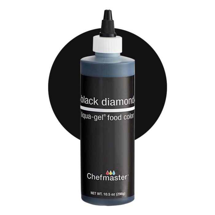 A bottle of black gel food coloring is displayed against a black circular background. The bottle is labeled "black diamond" and "liqua-gel® food color" in white text. It has a black body with a light blue cap and features a pouring nozzle. The net weight is indicated as 10.5 ounces (298 grams) and the brand name "Chefmaster®" appears at the bottom.