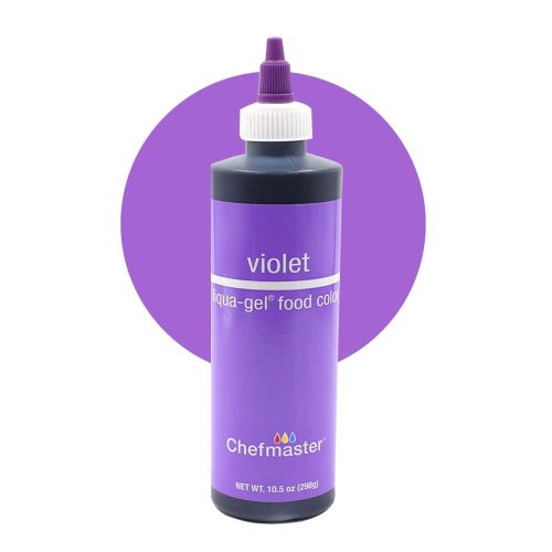 A bottle of Chefmaster Liqua Gel Color in violet. The bottle is cylindrical with a purple label that reads "violet" and "aqua-gel food color." It has a white cap and a dispensing top. The background is a solid purple circle. The bottle contains 10.5 ounces (298 grams) of product.