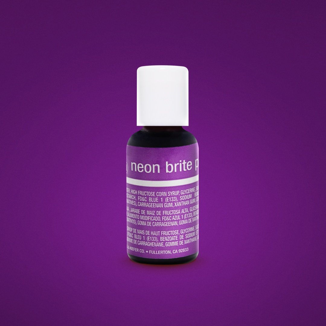 A bottle of Chefmaster Liqua-Gel food coloring in Neon Brite Purple hue against a purple background.
