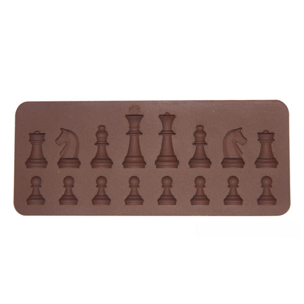 Image description for accessibility: A brown silicone mold designed for making chess pieces. The mold features various shapes including pawns, a rook, a knight, a bishop, a queen, and a king, laid out in two rows. The overall design is long and rectangular.