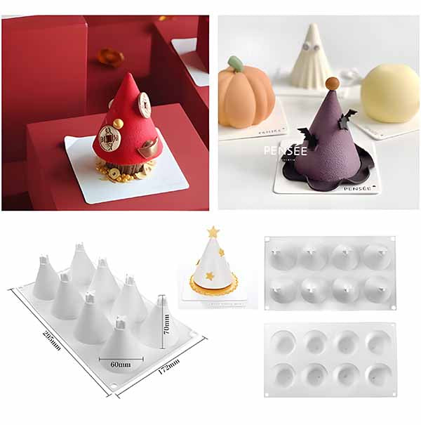 A collection of images showcasing a circular cone-shaped silicone mould for baking. In the upper portion, there are three colorful desserts shaped like cones, including a red cone with decorations at the base and additional shapes resembling pumpkins and a white ghost. The lower portion displays six white silicone moulds arranged in a row, with measurements indicated. To the right, there is an image of another silicone mould featuring spherical cavities for baking. The overall presentation highlights the ve