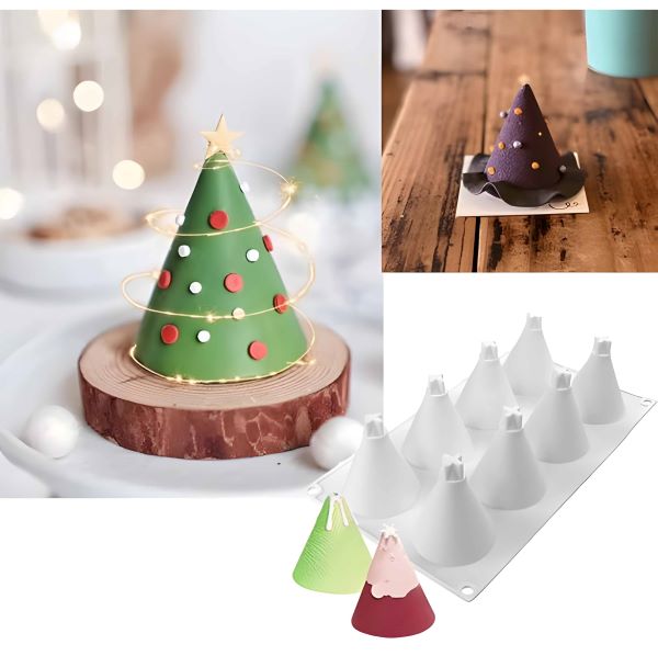 A collage featuring a circular cone-shaped silicone mold and finished products. The top left shows a decorated green silicone Christmas tree with a star and colorful dots, placed on a wooden base. The top right displays a small purple cone-shaped treat on a wooden surface. The bottom part of the image presents a white silicone mold with several cone-shaped cavities, alongside three small finished cones in green, pink, and red.