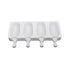 The image shows a white silicone ice cream mold designed with four cavities. Each cavity has a rounded shape, resembling a popsicle, with a handle at the bottom for easy removal. The mold is flat and rectangular, with the cavities arranged side by side, allowing for the creation of four ice cream or cakesickle treats at once. The overall design is simple and functional, suitable for making frozen desserts.