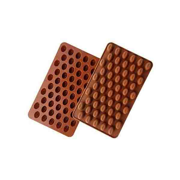 Two silicone molds designed to shape coffee bean-shaped items. One mold has a design with rounded indentations resembling coffee beans, while the other has a similar design but features slightly deeper cavities. Both molds are shown side by side and are brown in color.