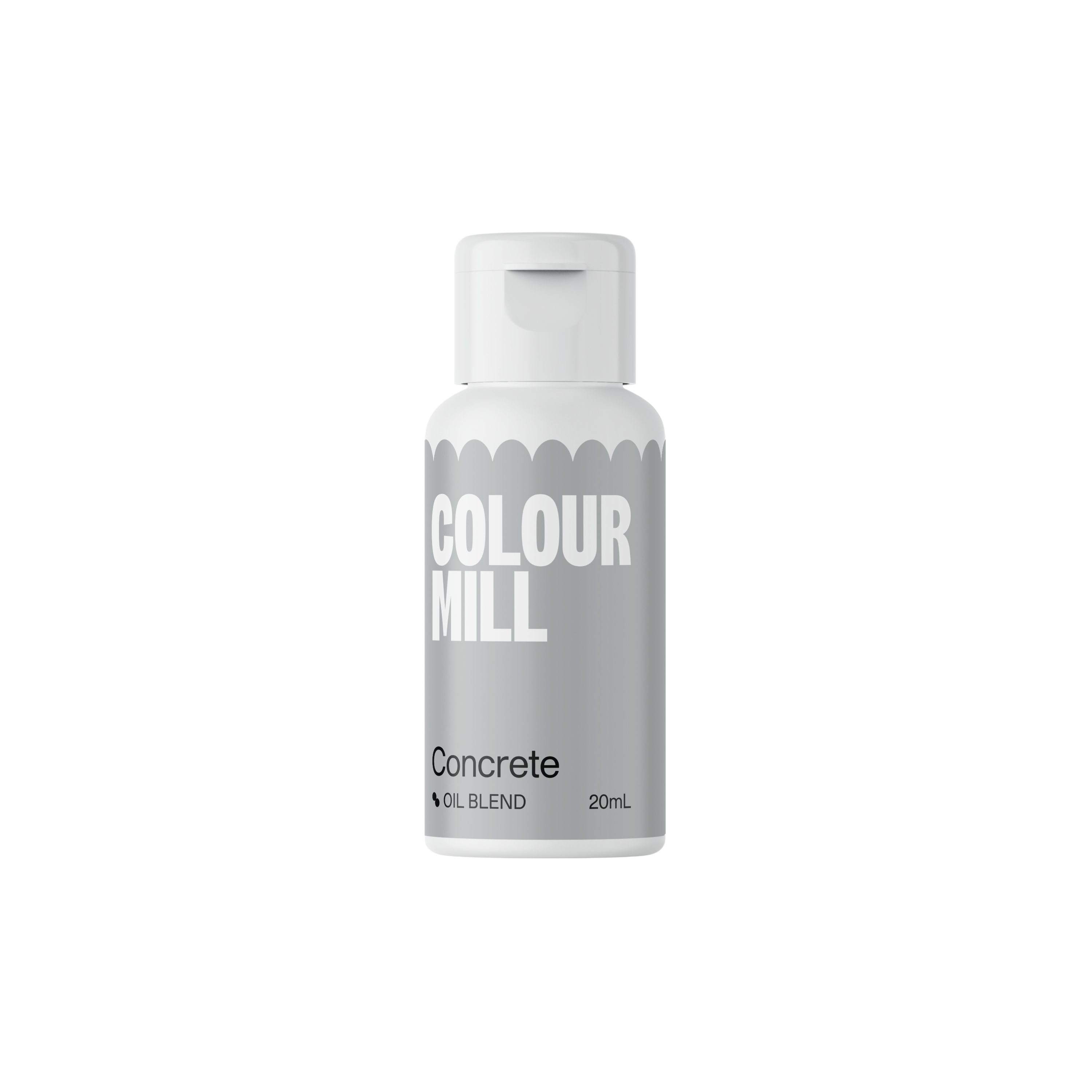 A 20ml bottle of Colour Mill oil-based food color labeled "Concrete." The bottle has a white cap and features a grey design with the brand name "COLOUR MILL" prominently displayed in white text. The word "Concrete" is also printed in black text below, along with "OIL BLEND" and the volume of 20mL. The background is plain and unobtrusive.